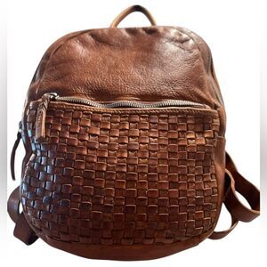 Vilenca Holland Genuine Leather Woven Backpack Cognac Brown